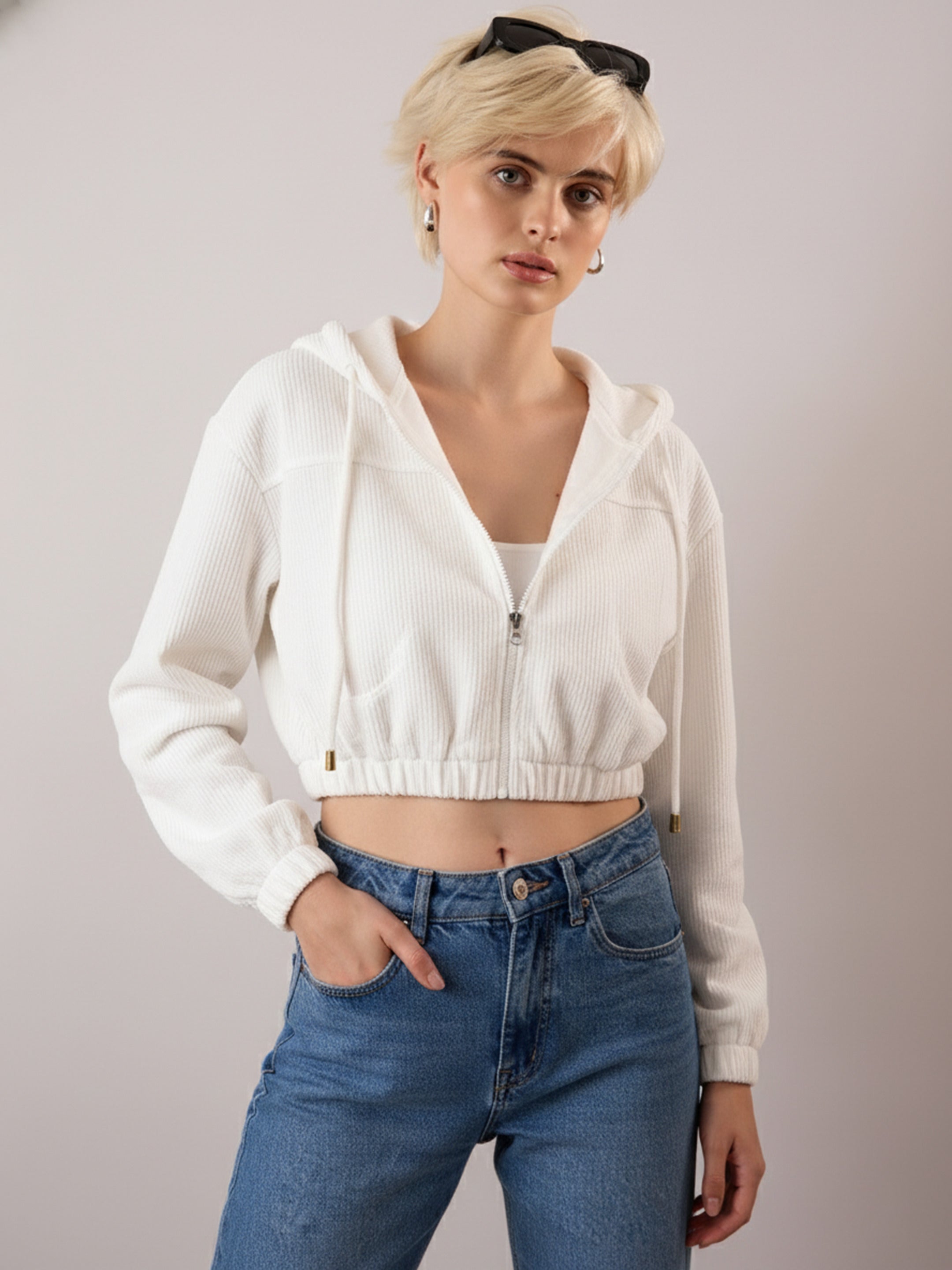 white hooded boxy corduroy crop jacket sassafras