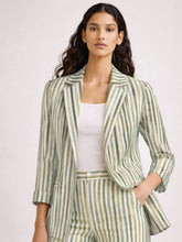 Women Green Linen Striped Front Open Blazer