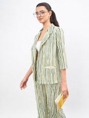 Women Green Linen Striped Front Open Blazer