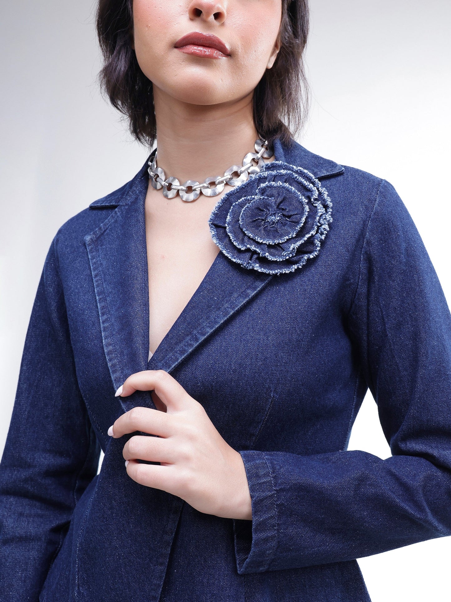 Navy Denim Front Corsage Blazer-SASSAFRAS