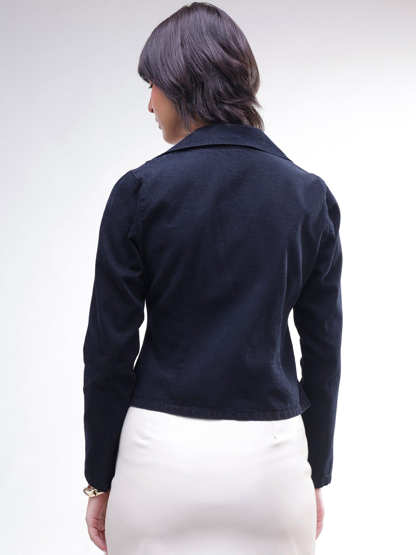 Black Denim Front Corsage Blazer-SASSAFRAS