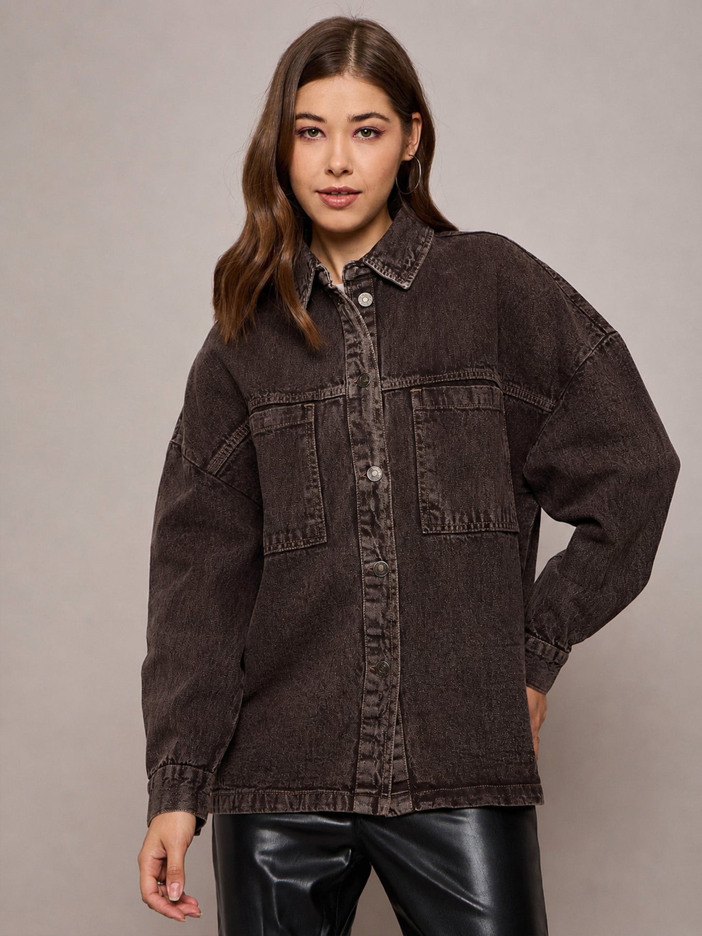Brown Denim Oversized Jacket-SASSAFRAS BASICS