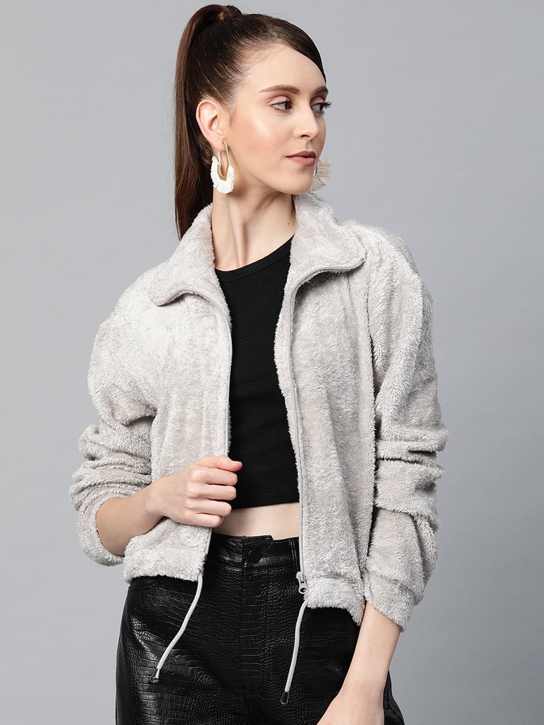 grey drawstring faux fur jacket sfjckt6352