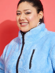 Women Fur Contrast Piping Zipper Jacket