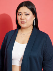 Women Navy Solid Rib Front Open Shrug