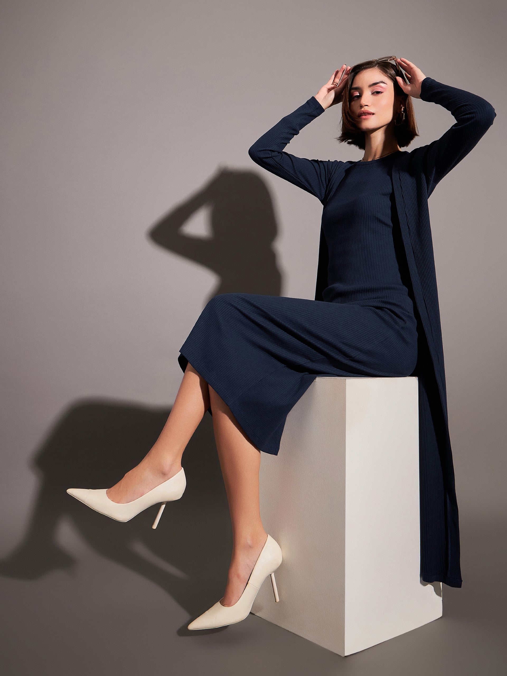 women navy solid rib front open shrug sfjckt6901