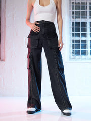 women black chain detail cargo straight jeans sfjean0398