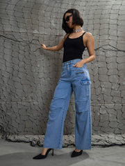 women blue denim pleated knee cargo jeans sfjean0708