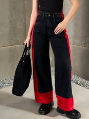 Women Black Washed Side ColorBlock Wide Leg Jeans