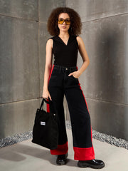 Women Black Washed Side ColorBlock Wide Leg Jeans