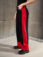 Women Black Washed Side ColorBlock Wide Leg Jeans