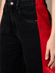 Women Black Washed Side ColorBlock Wide Leg Jeans
