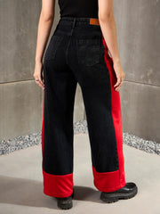 Women Black Washed Side ColorBlock Wide Leg Jeans