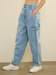 Ice Blue Wash High Rise Cargo Jeans SASSAFRAS