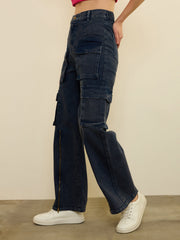 Women Navy Blue Zipper Detail Cargo Straight Jeans