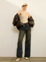 Blue Acid Wash Hem Pockets Straight Jeans SASSAFRAS