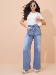Blue Acid Wash Front Pocket Straight Fit Jeans SASSAFRAS
