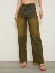Women Rust Overdyed Wash High Waist Straight Jeans