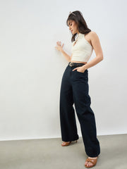 Women Navy High Waist Seam Detail Straight Jeans