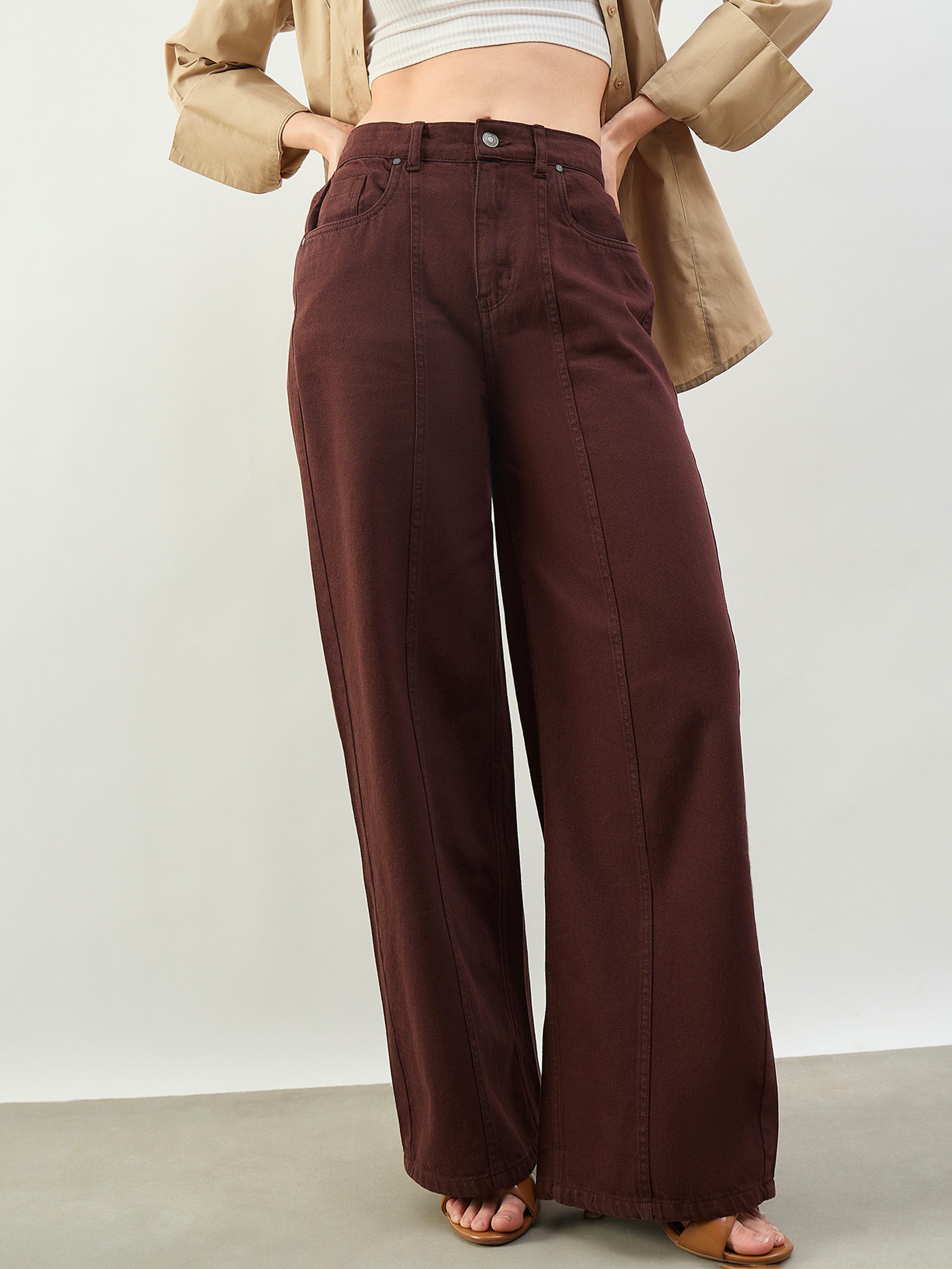 Women Brown High Waist Seam Detail Straight Jeans