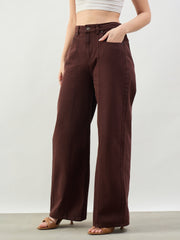 Women Brown High Waist Seam Detail Straight Jeans
