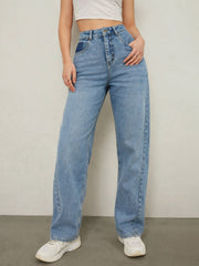 Women Blue Wash High Waist Straight Jeans