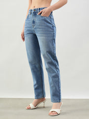 Women Blue Wash Barrel Fit High Rise Jeans