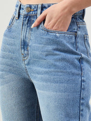 Women Blue Wash Barrel Fit High Rise Jeans
