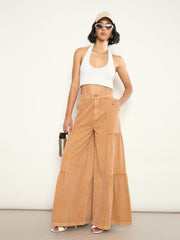 Beige Overdyed Front Gathered Flared Jeans SASSAFRAS