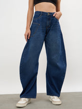 Women Navy Whisker Wash Side Seam Balloon Jeans