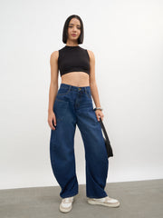 Women Navy Whisker Wash Side Seam Balloon Jeans