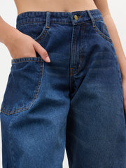 Women Navy Whisker Wash Side Seam Balloon Jeans