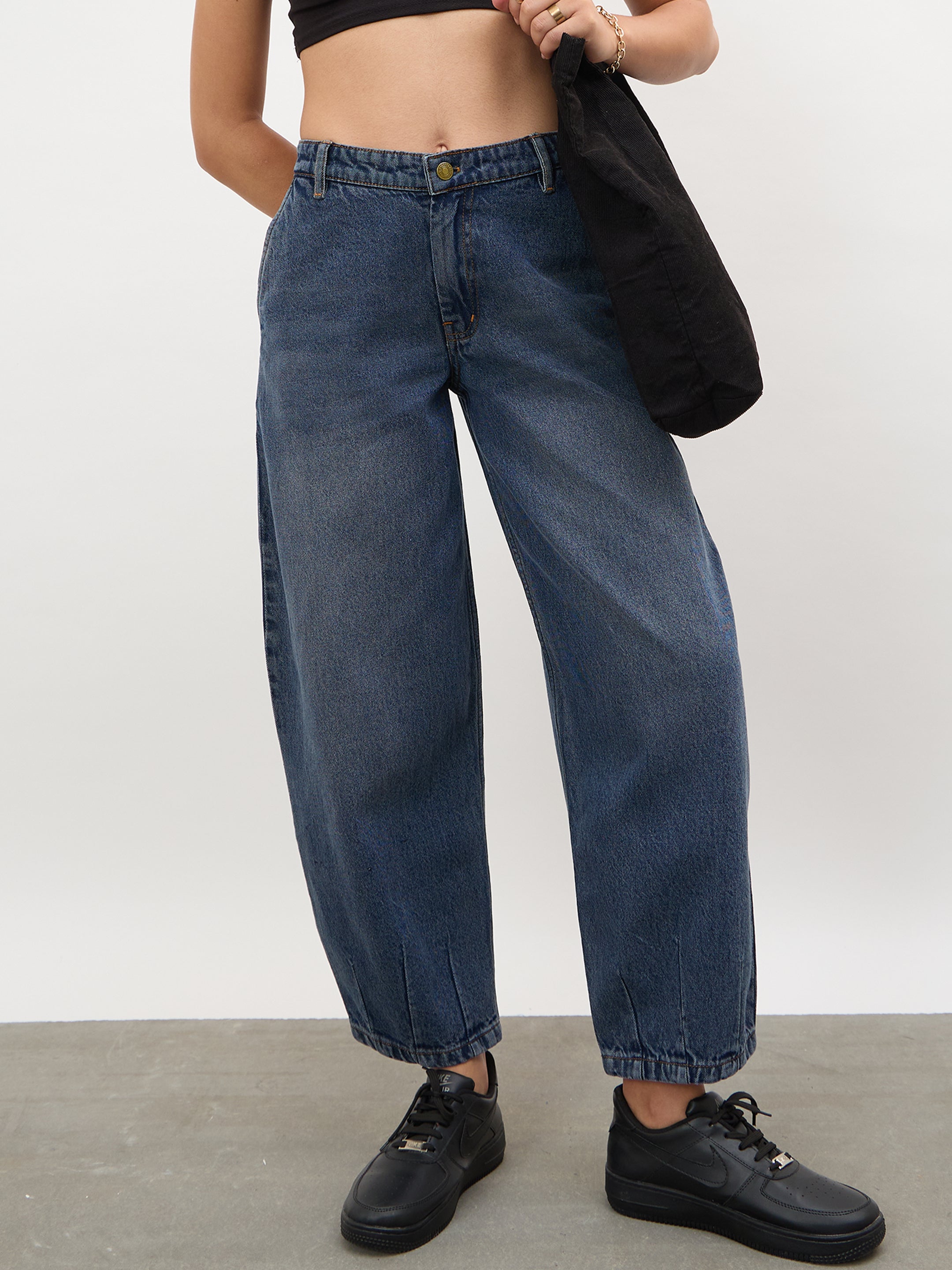 Women Navy Acid Wash Mid Rise Slouchy Fit Jeans