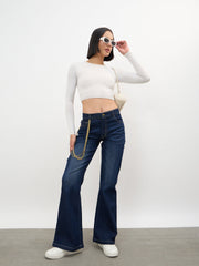 Women Navy Whisker Washed Boot Cut Jeans