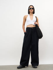 Women Jet Black Overlap Pleated Mid Rise Jeans
