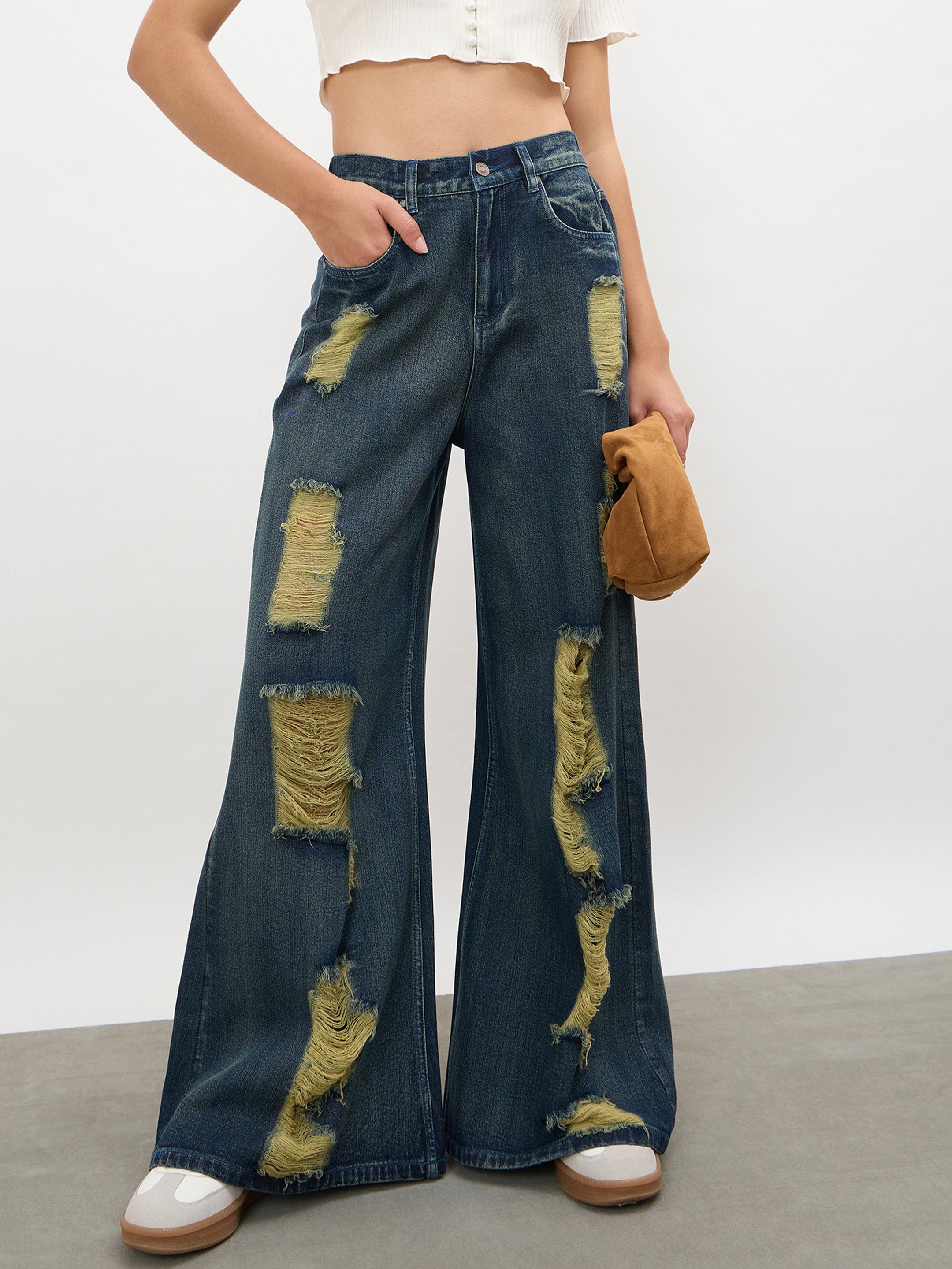 Women Navy Acid Wash Denim Flared Distressed Jeans