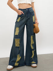 Women Navy Acid Wash Denim Flared Distressed Jeans