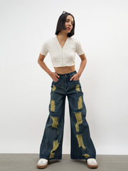 Women Navy Acid Wash Denim Flared Distressed Jeans