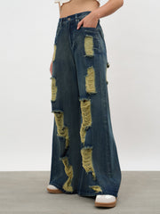 Women Navy Acid Wash Denim Flared Distressed Jeans