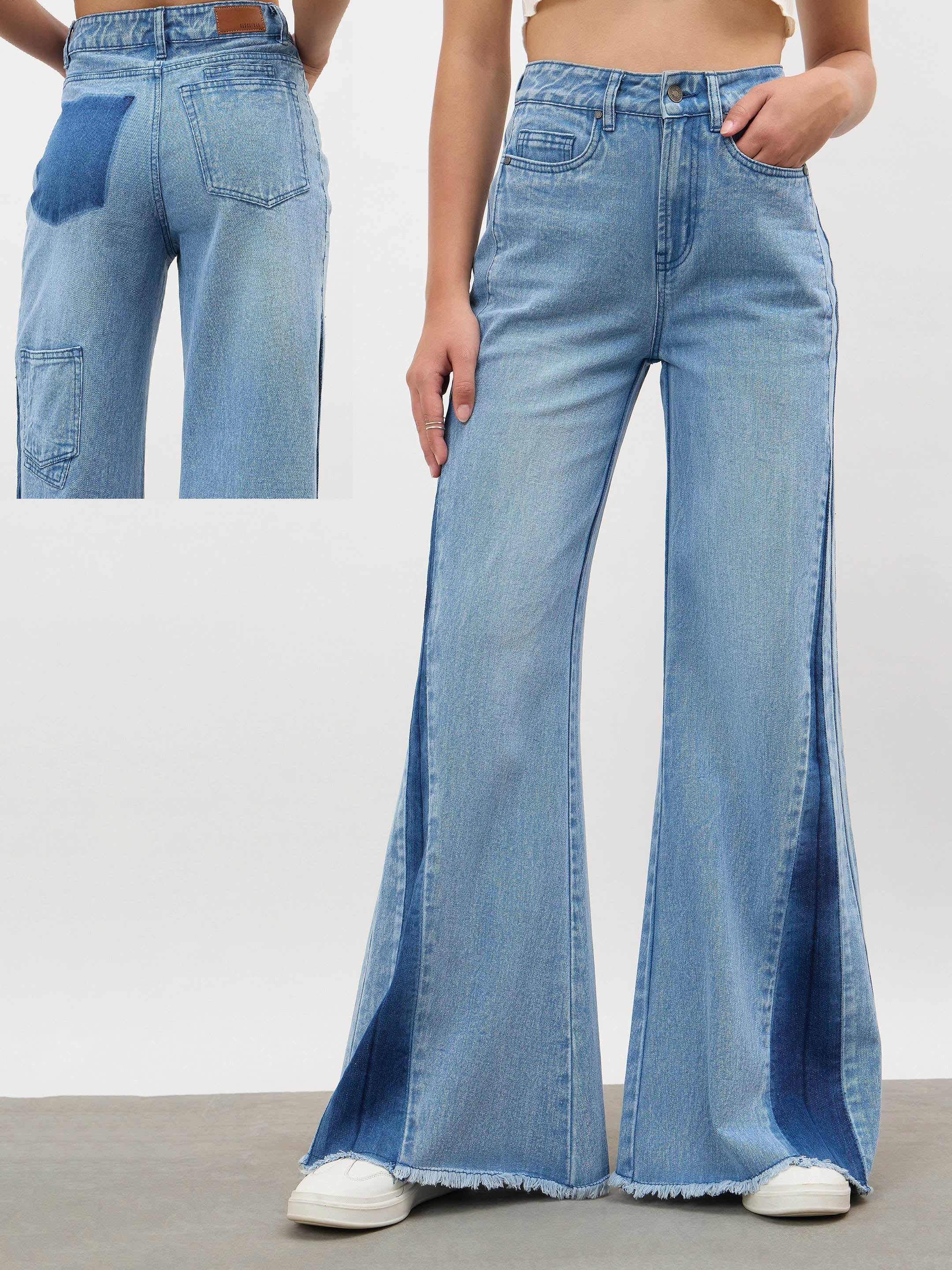 Women Blue Blast Side Colour Blocking Flared Jeans