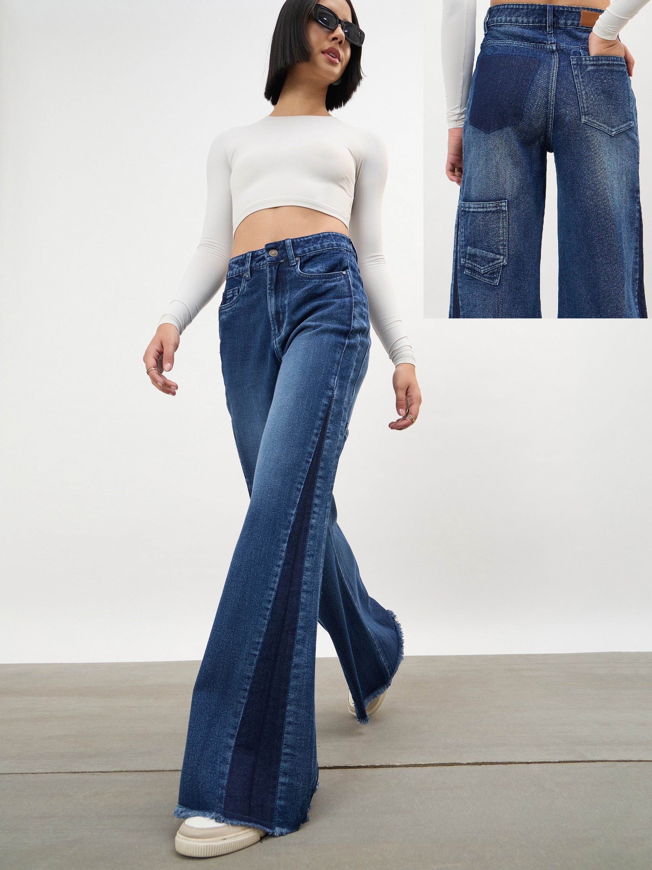 Women Navy Side Colour Blocking Flared Jeans