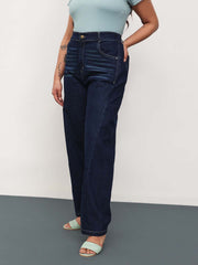 Women Navy Whisker Denim Side Seam Tapered Fit Jeans