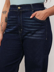 Women Navy Whisker Denim Side Seam Tapered Fit Jeans