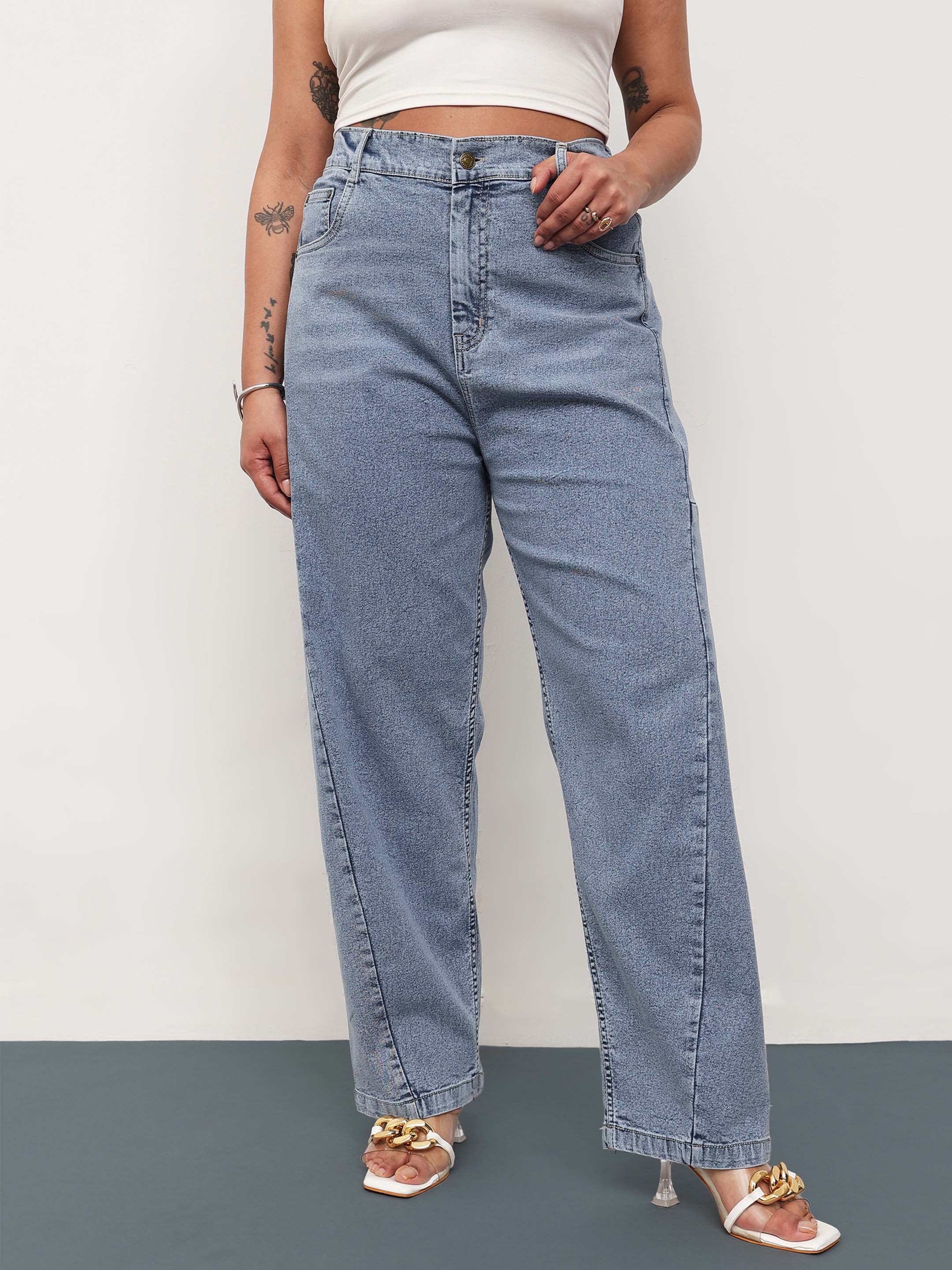 Women Blue Whisker Denim Side Seam Tapered Fit Jeans