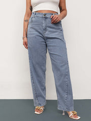 Women Blue Whisker Denim Side Seam Tapered Fit Jeans