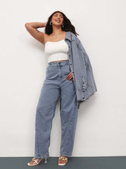 Women Blue Whisker Denim Side Seam Tapered Fit Jeans