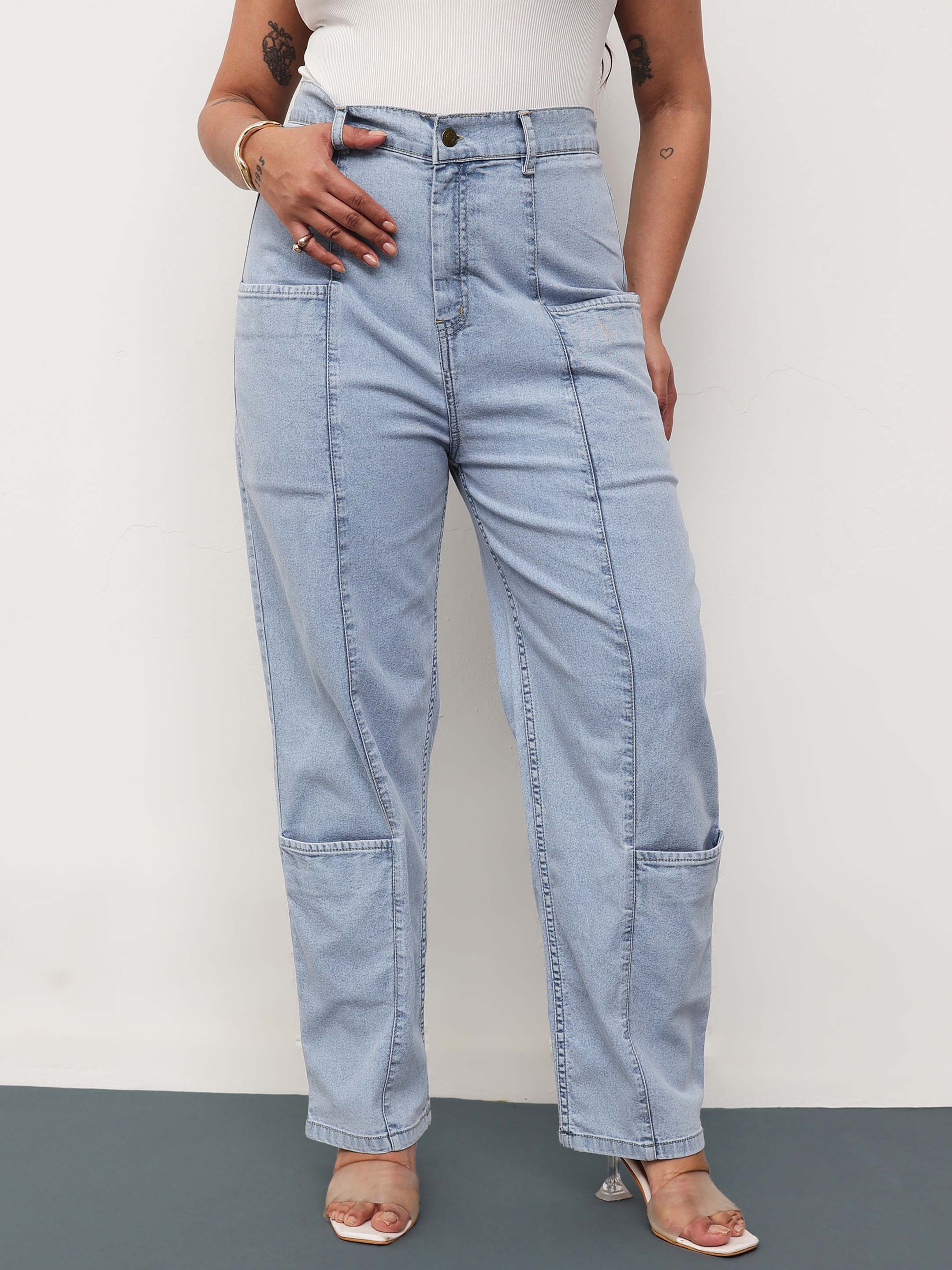 Women Ice Blue Denim Hem Pocket Tapered Fit Jeans