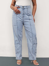 Women Ice Blue Denim Hem Pocket Tapered Fit Jeans