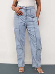 Women Ice Blue Denim Hem Pocket Tapered Fit Jeans