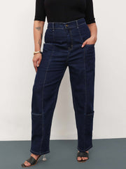 Women Navy Blue Denim Hem Pocket Tapered Fit Jeans